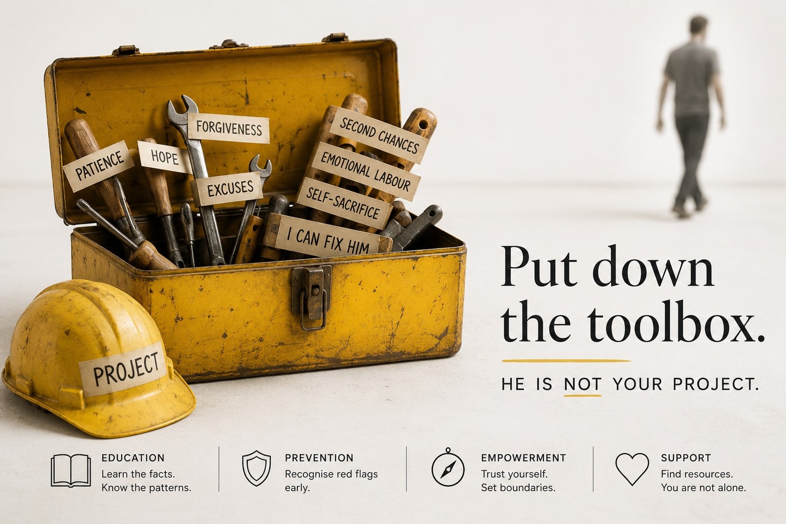 A toolbox labelled with the emotional labour women carry — He Is Not Your Project